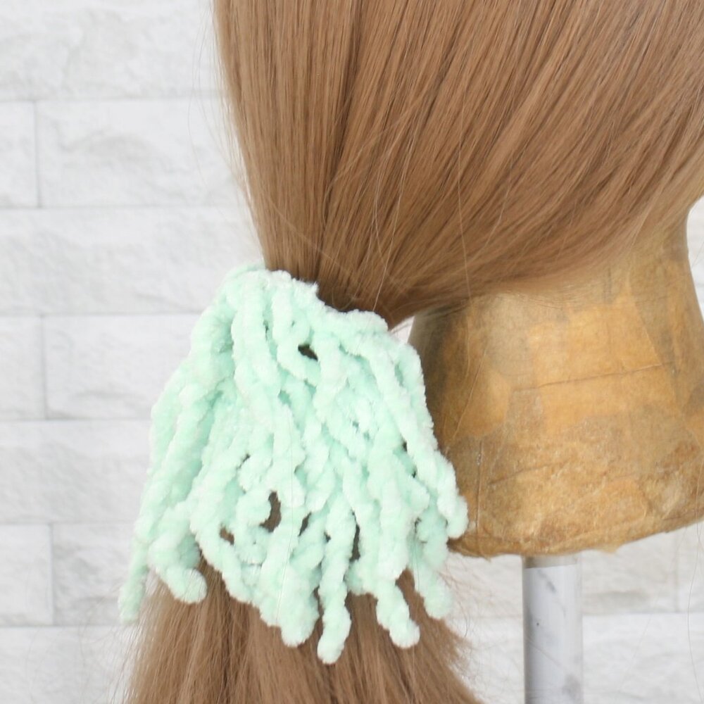 HAND CRAFTED Hair Scrunchie Fringe Crochet Kids Chenille Oversized Pastel Green